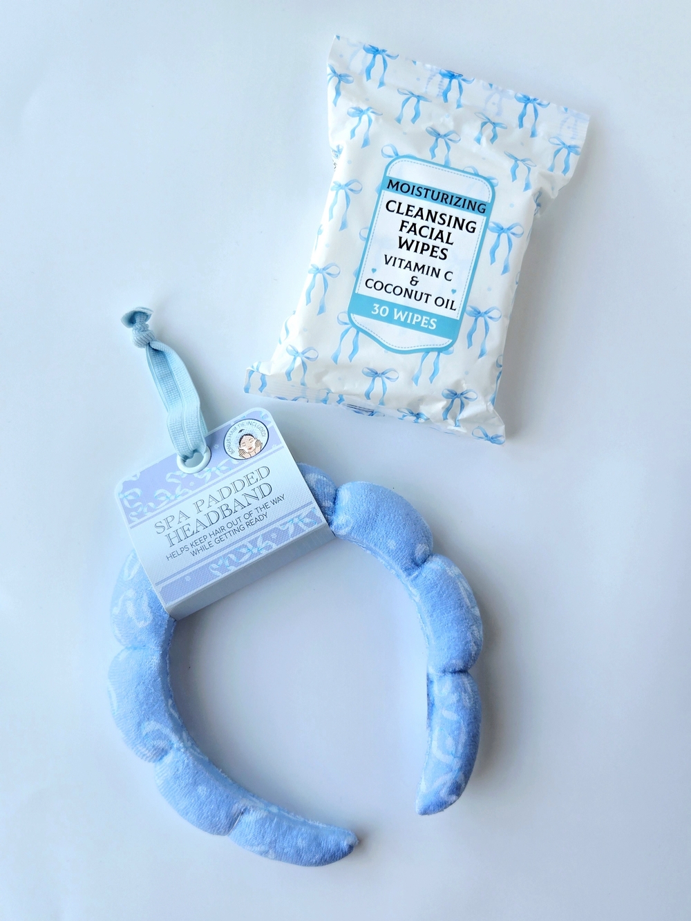 Spa Padded Headband & Moisturizing Facial Wipe (30 Ct) Set | Blue Bow Bundle
